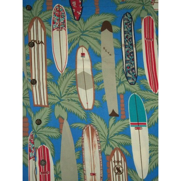 Reyn Spooner Mens Green Hawaiian Shirt Palms Surfboards Blue Size XL - Picture 3 of 7